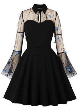 Women Keyhole Front Mesh Bell Sleeve Vintage 1950s Cocktail Swing Dress XL